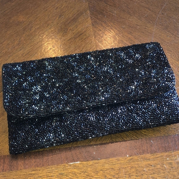 Valerie Stevens Black & Gold Tone Vintage Seed Bead Beaded Evening Bag Clutch - Picture 13 of 14